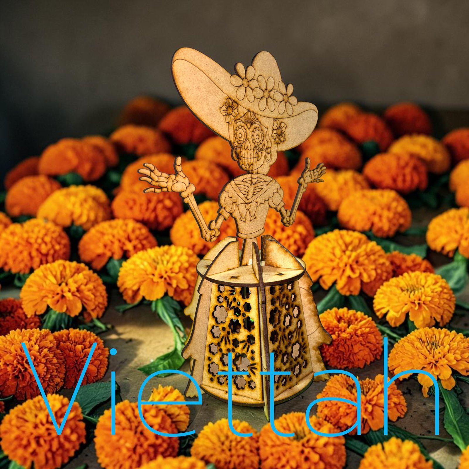 TRADICIONAL CATRINA CON VESTIDO CALADO VELADORA